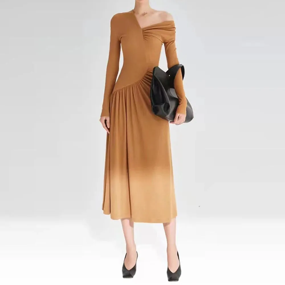 Solid Elegant Slimming Dresses For Women Diagonal Collar Long Sleeve High Waist Off Shoulder Folds Minimalist Dress Female
