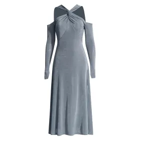 Solid Hollow Out Crisscross Minimalist Dresses For Women Round Neck Long Sleeve High Waist Elegant Slimming Dress Female New