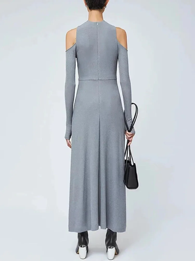 Solid Hollow Out Crisscross Minimalist Dresses For Women Round Neck Long Sleeve High Waist Elegant Slimming Dress Female New