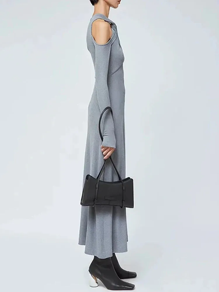 Solid Hollow Out Crisscross Minimalist Dresses For Women Round Neck Long Sleeve High Waist Elegant Slimming Dress Female New