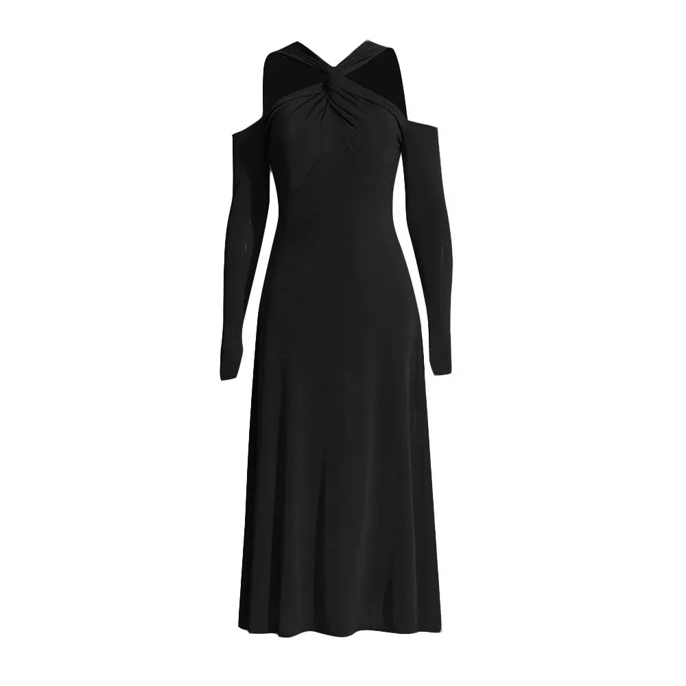 Solid Hollow Out Crisscross Minimalist Dresses For Women Round Neck Long Sleeve High Waist Elegant Slimming Dress Female New
