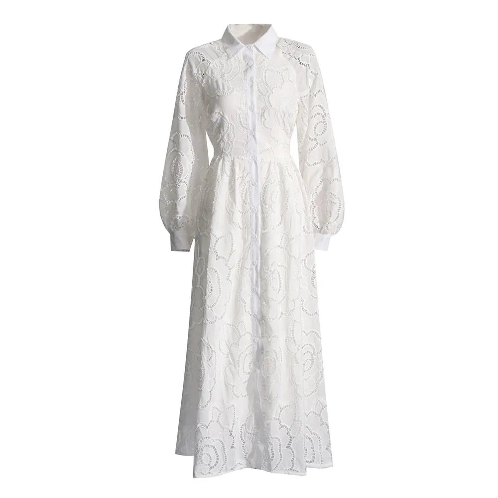 Solid Hollow Out Elegant Dresses For Women Lapel Lantern Sleeve High Waist Spliced Single Breasted Minimalist Dress Female