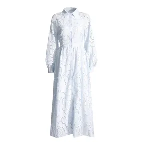 Solid Hollow Out Elegant Dresses For Women Lapel Lantern Sleeve High Waist Spliced Single Breasted Minimalist Dress Female