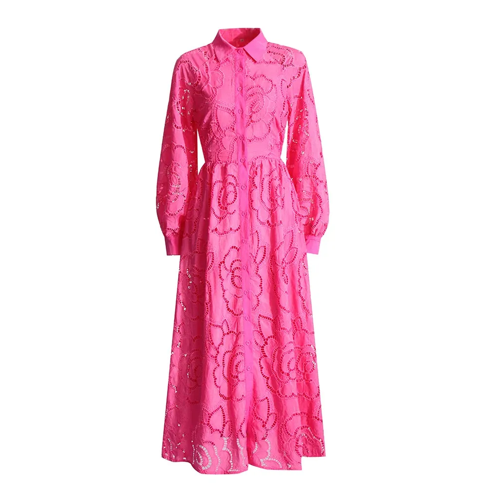 Solid Hollow Out Elegant Dresses For Women Lapel Lantern Sleeve High Waist Spliced Single Breasted Minimalist Dress Female