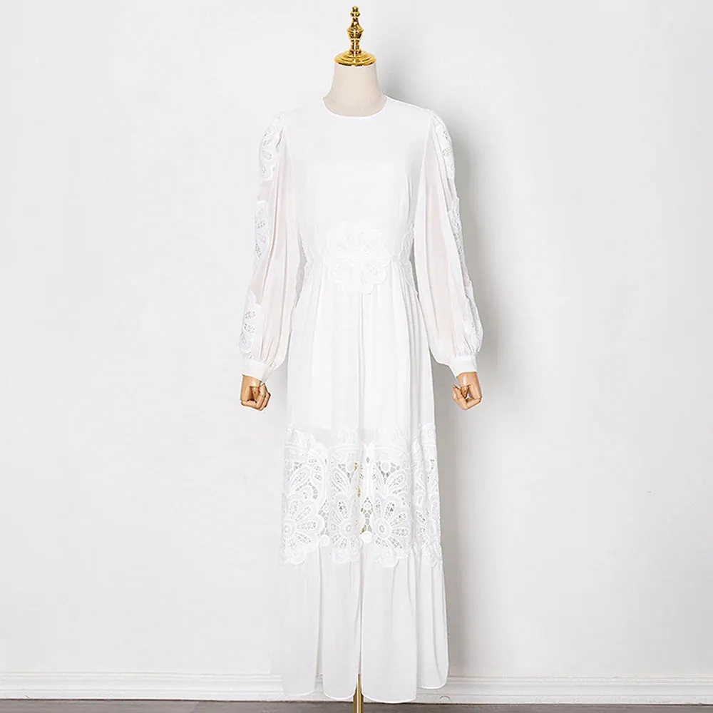 Solid Minimalist Folds Dresses For Women Round Neck Lantern Sleeve High Waist Patchwork Lace Casual Long Dress Female New