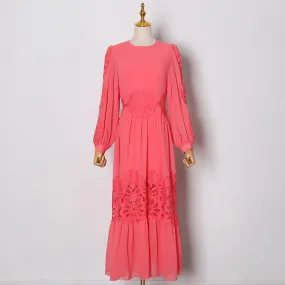 Solid Minimalist Folds Dresses For Women Round Neck Lantern Sleeve High Waist Patchwork Lace Casual Long Dress Female New