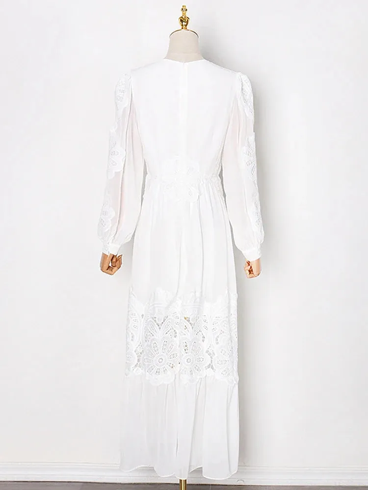 Solid Minimalist Folds Dresses For Women Round Neck Lantern Sleeve High Waist Patchwork Lace Casual Long Dress Female New