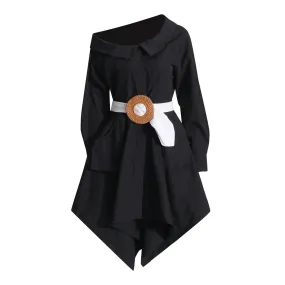 Solid Patchwork Belt Dress For Women Diagonal Collar Long Sleeve High Waist Irregular Hem Minimalist Dresses Female
