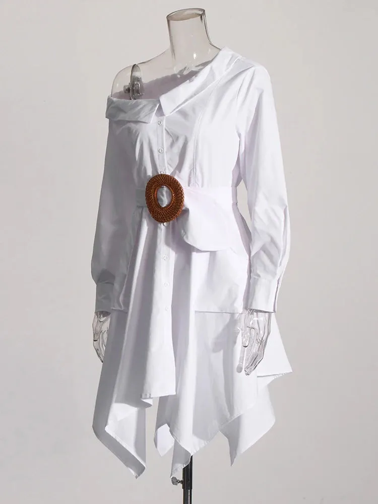 Solid Patchwork Belt Dress For Women Diagonal Collar Long Sleeve High Waist Irregular Hem Minimalist Dresses Female