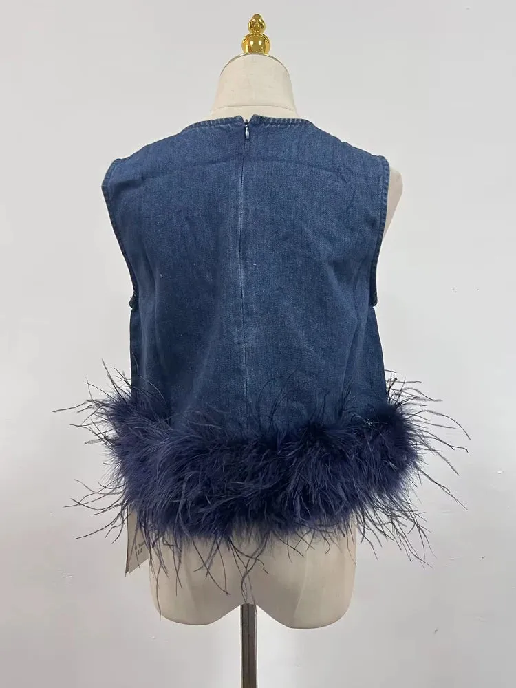 Solid Patchwork Feathers Loose Mini Dress For Women V Neck Sleeveless High Waist Pullover Minimalist Dress Female