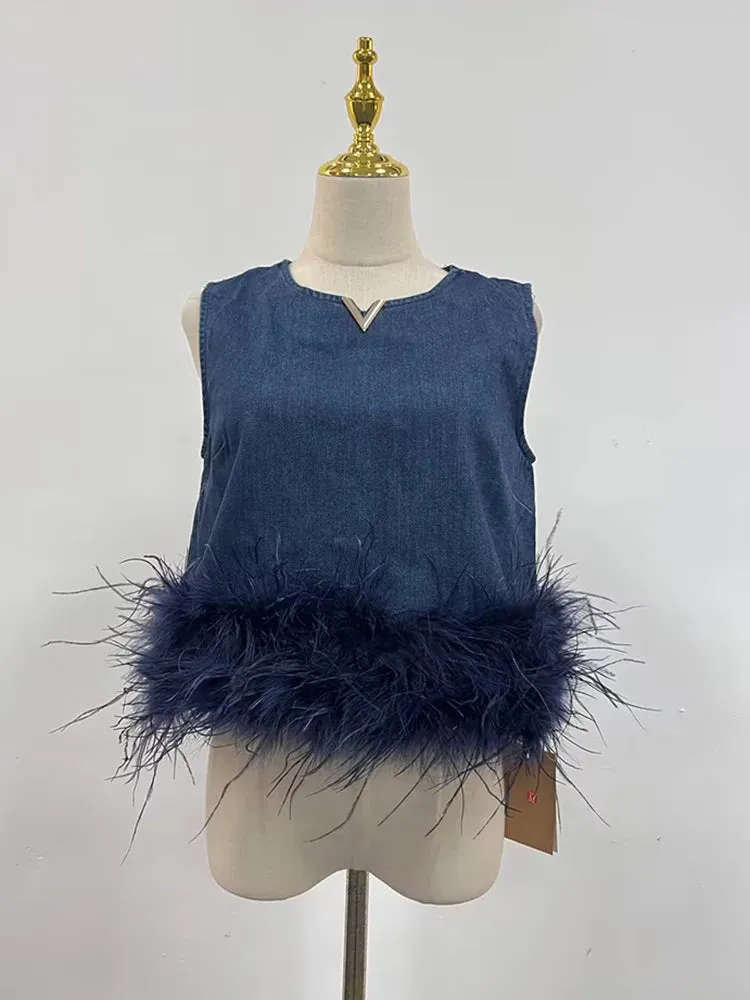 Solid Patchwork Feathers Loose Mini Dress For Women V Neck Sleeveless High Waist Pullover Minimalist Dress Female
