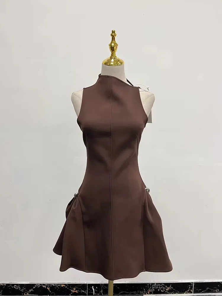 Solid Slimming Minimalist Dresses For Women Diagonal Collar Sleeveless High Waist Temperament Mini Dress Female New