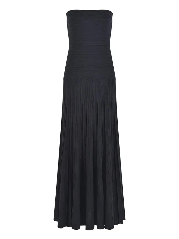 Solid Slimming Sexy Long Dresses For Women Strapless Sleeveless High Waist Spliced Folds Minimalist Dress Female