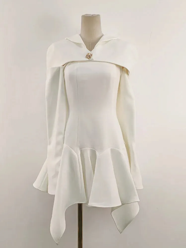 Solid Spliced Folds Elegant Mini Dress For Women V Neck Long Sleeve High Waist Temperament Minimalist Dress Female