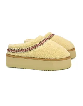 Sonya Aztec Faux Fur Teddy Platform Flatform Sole Slippers in Beige