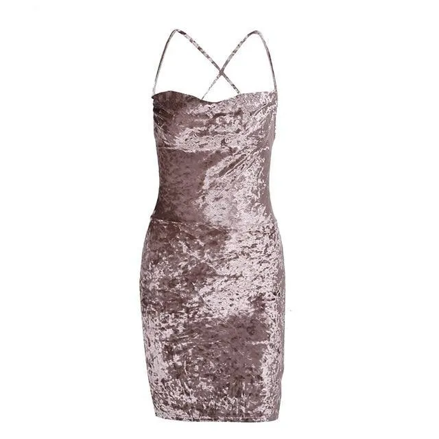 Strap Backless Velvet Splashed Mini Lace Up Dress