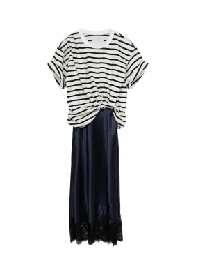 Striped Draped T-shirt Slip Combo Dress (White Multi)