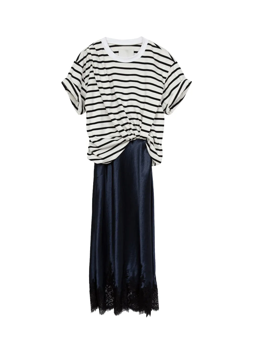 Striped Draped T-shirt Slip Combo Dress (White Multi)