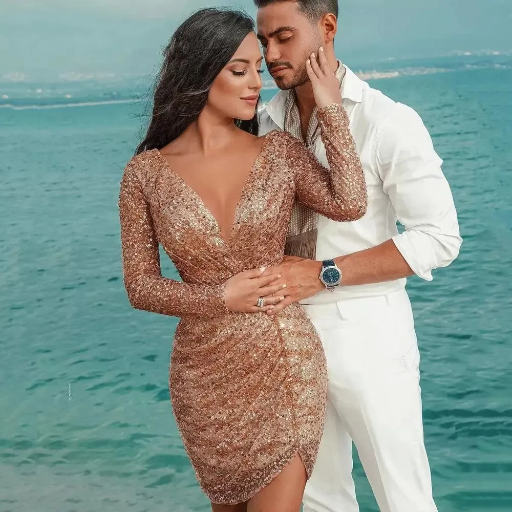 Sultry Deep V-neck Long Sleeve Bodycon Pencil Dress