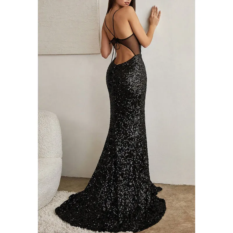 Sweetheart Spaghetti Straps Sheer Tulle Sequins Sheath Long Prom Evening Dress