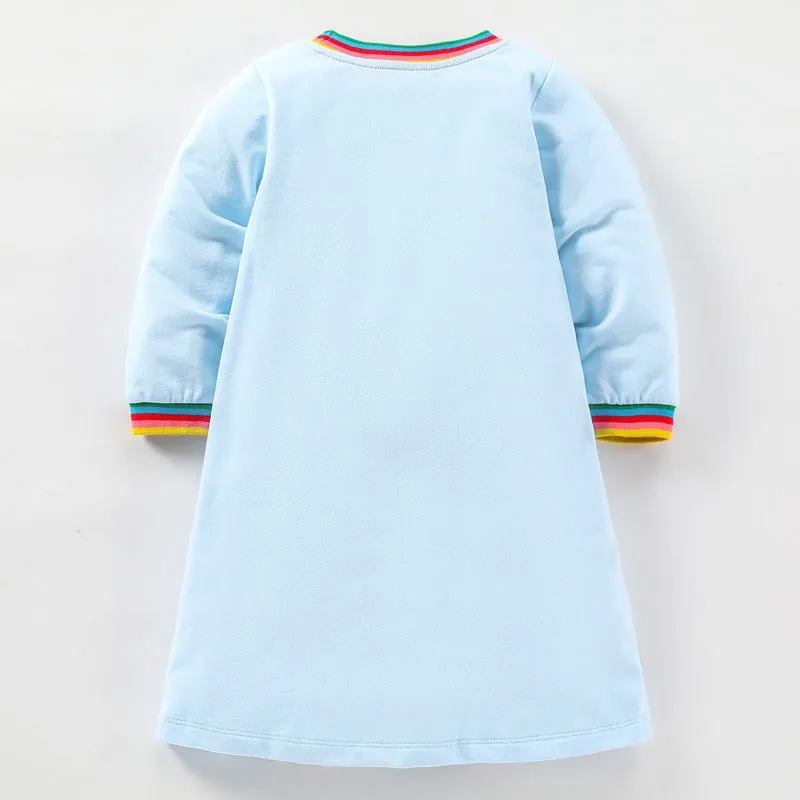 Toddler/Kid Girl's Long Sleeve Rainbow Design Blue Dress