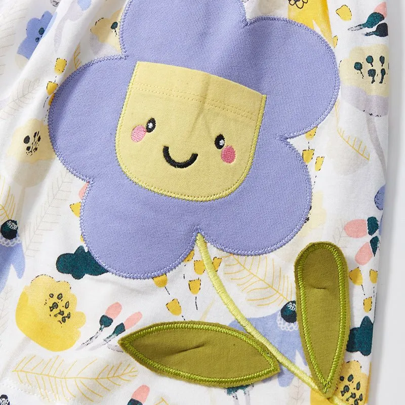 Toddler/Kid Girl's Short Sleeve Floral Dress with Smiling Flower Pocket