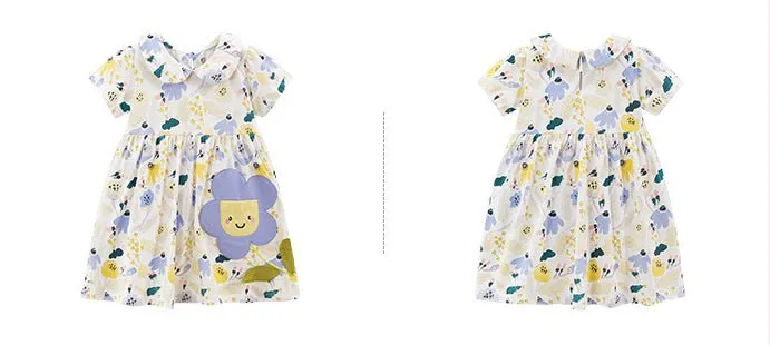 Toddler/Kid Girl's Short Sleeve Floral Dress with Smiling Flower Pocket