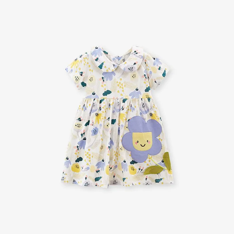 Toddler/Kid Girl's Short Sleeve Floral Dress with Smiling Flower Pocket