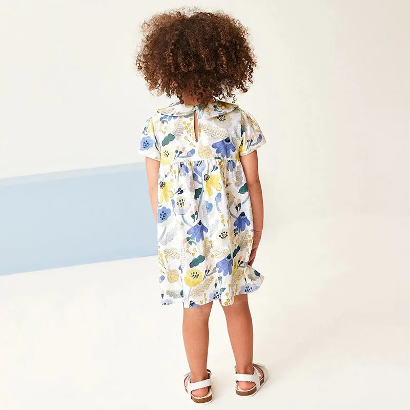 Toddler/Kid Girl's Short Sleeve Floral Dress with Smiling Flower Pocket