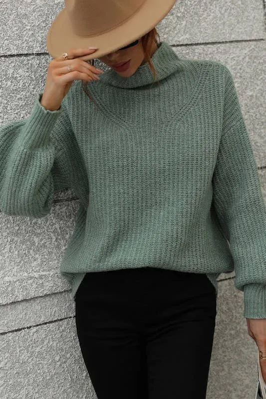 TURTLE NECK LOOSE SLEEVE KNIT SWEATER: APRICOT