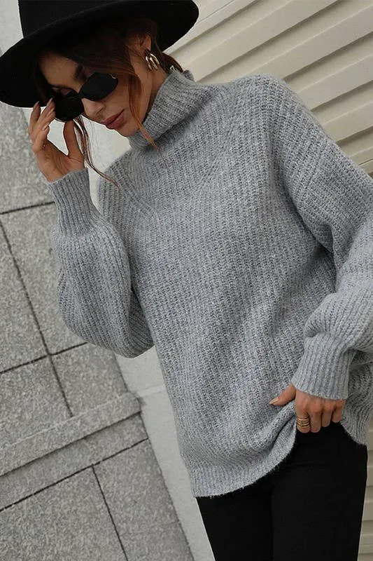 TURTLE NECK LOOSE SLEEVE KNIT SWEATER: APRICOT