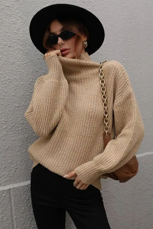 TURTLE NECK LOOSE SLEEVE KNIT SWEATER: APRICOT