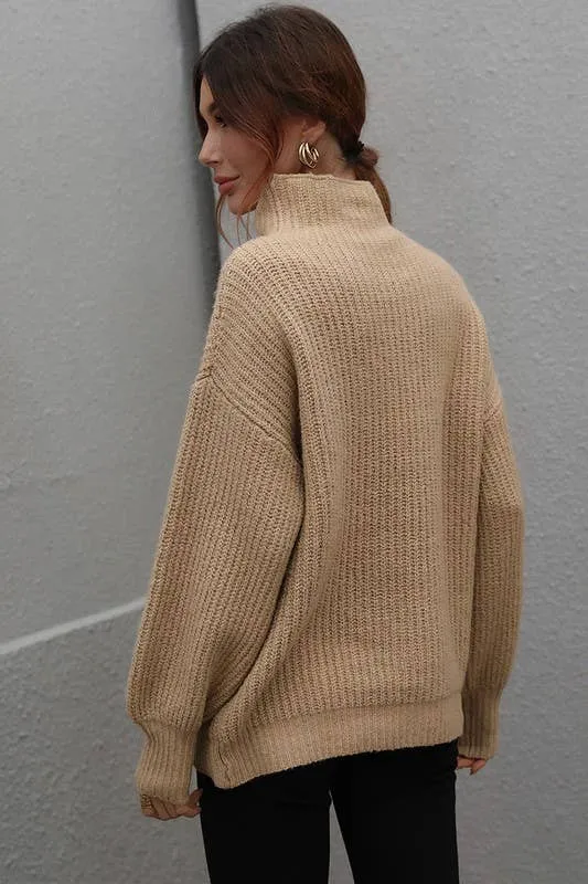 TURTLE NECK LOOSE SLEEVE KNIT SWEATER: APRICOT