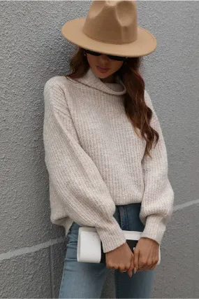 TURTLE NECK LOOSE SLEEVE KNIT SWEATER: APRICOT