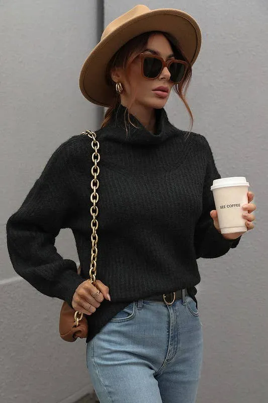 TURTLE NECK LOOSE SLEEVE KNIT SWEATER: APRICOT