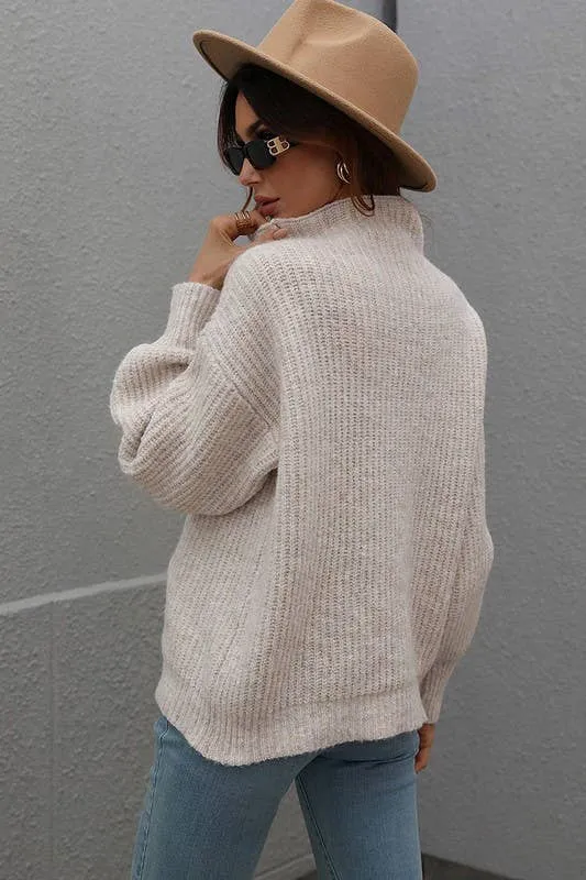 TURTLE NECK LOOSE SLEEVE KNIT SWEATER: APRICOT