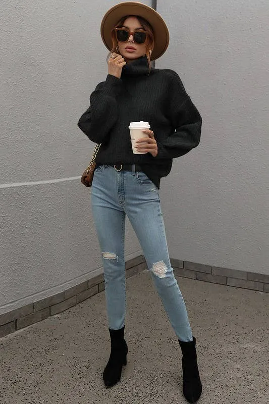 TURTLE NECK LOOSE SLEEVE KNIT SWEATER: APRICOT