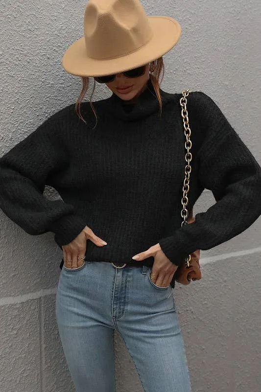 TURTLE NECK LOOSE SLEEVE KNIT SWEATER: APRICOT