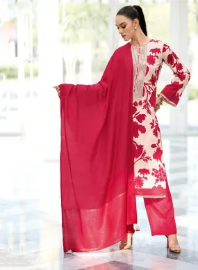 Varsha Red Unstitched Pure Cotton Suit Material with Embroidery Lace