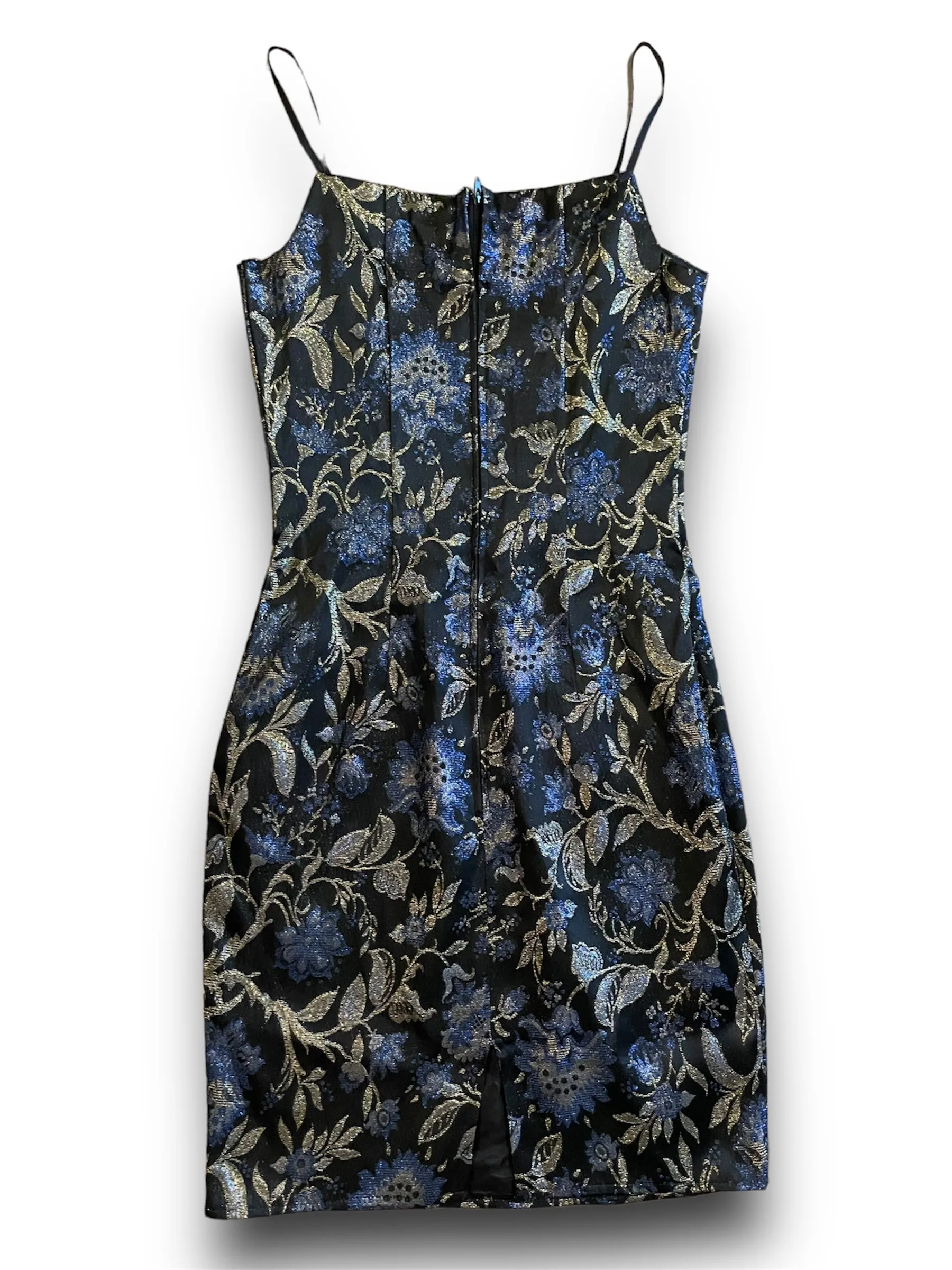Vintage 1990’s Blue & Gold Floral Metallic Print Black Mini Dress