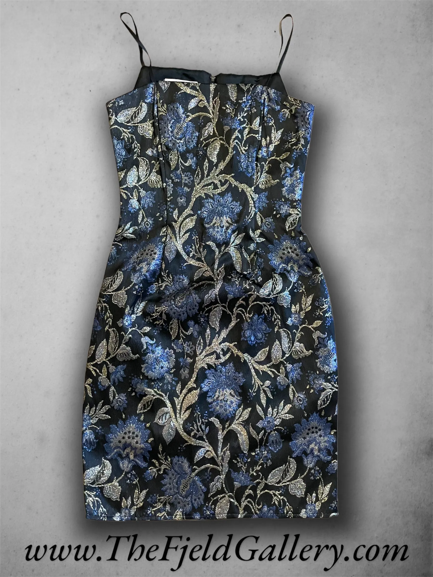 Vintage 1990’s Blue & Gold Floral Metallic Print Black Mini Dress
