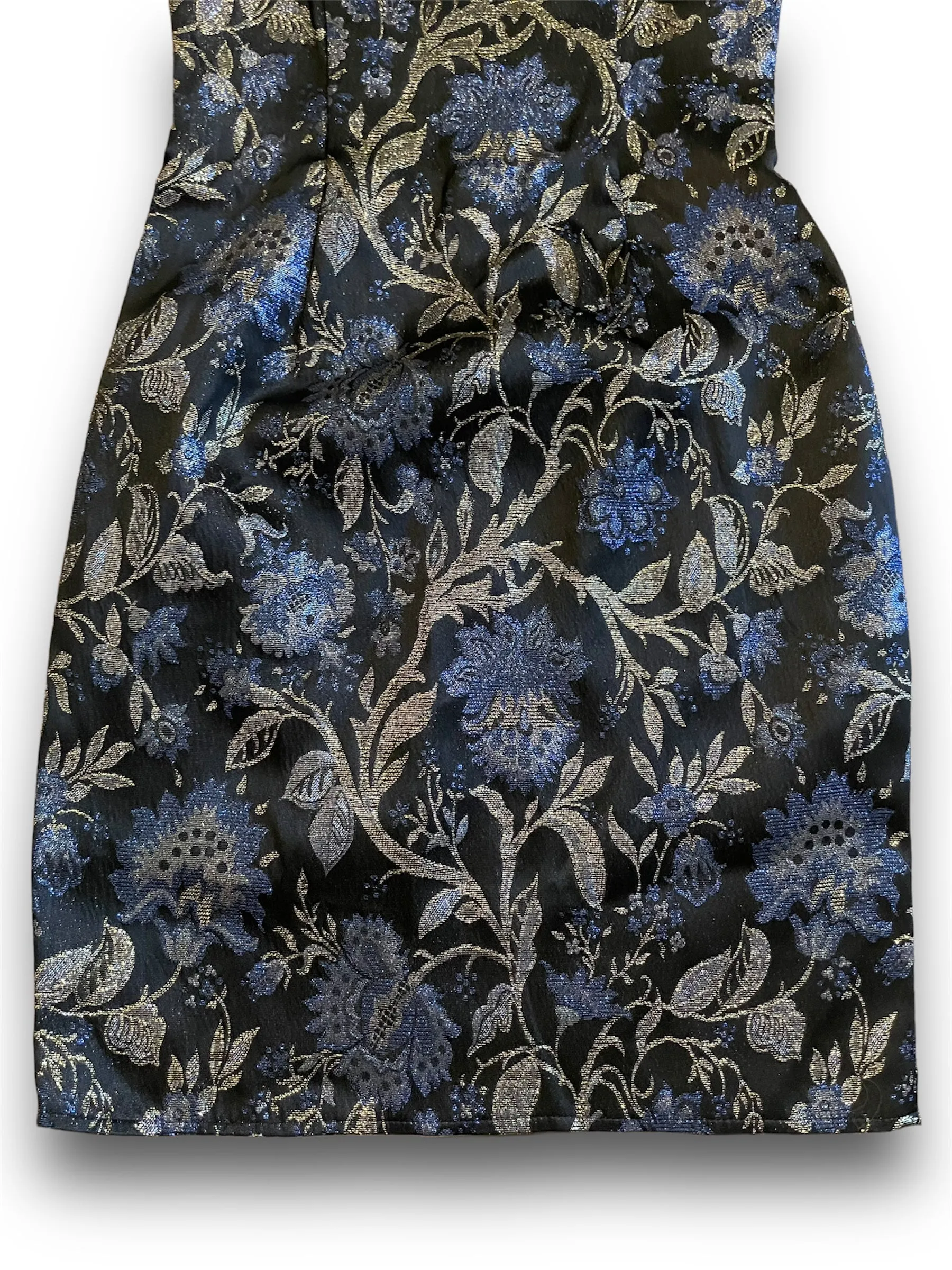 Vintage 1990’s Blue & Gold Floral Metallic Print Black Mini Dress