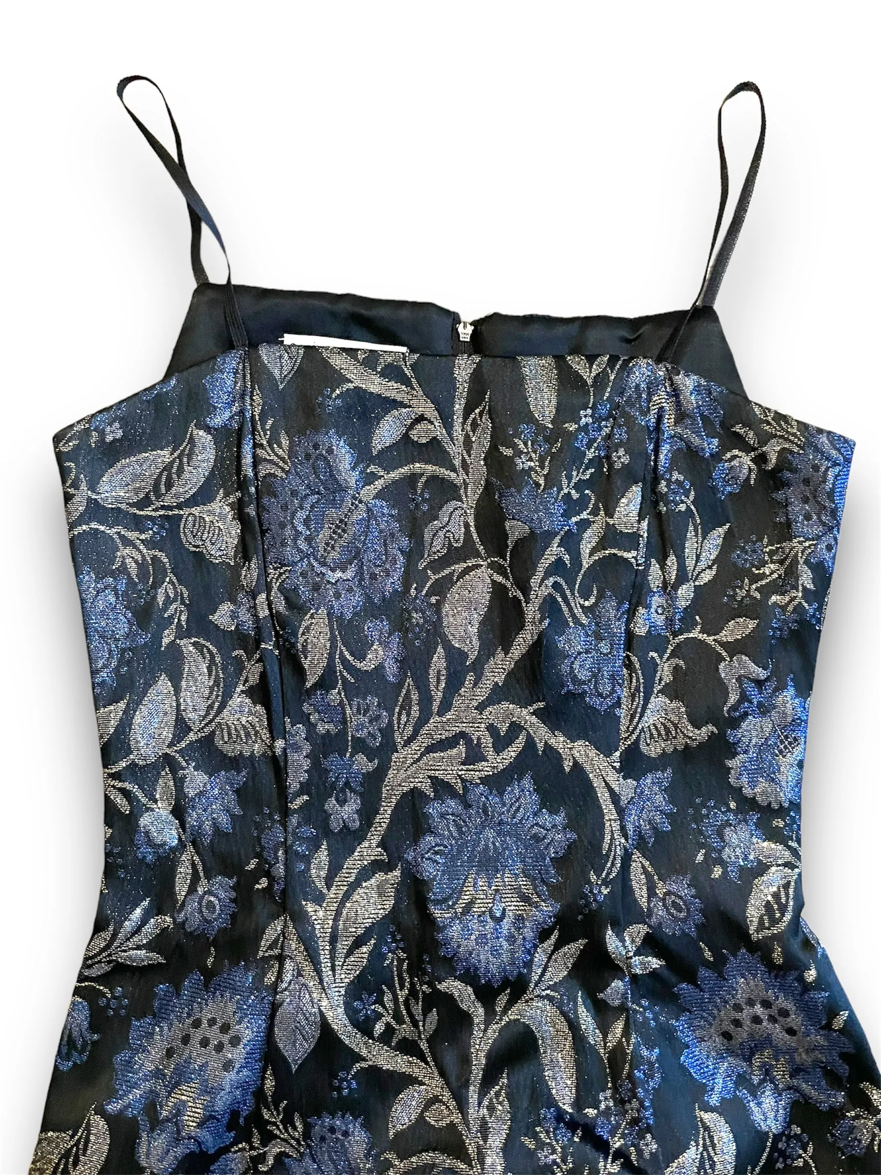 Vintage 1990’s Blue & Gold Floral Metallic Print Black Mini Dress