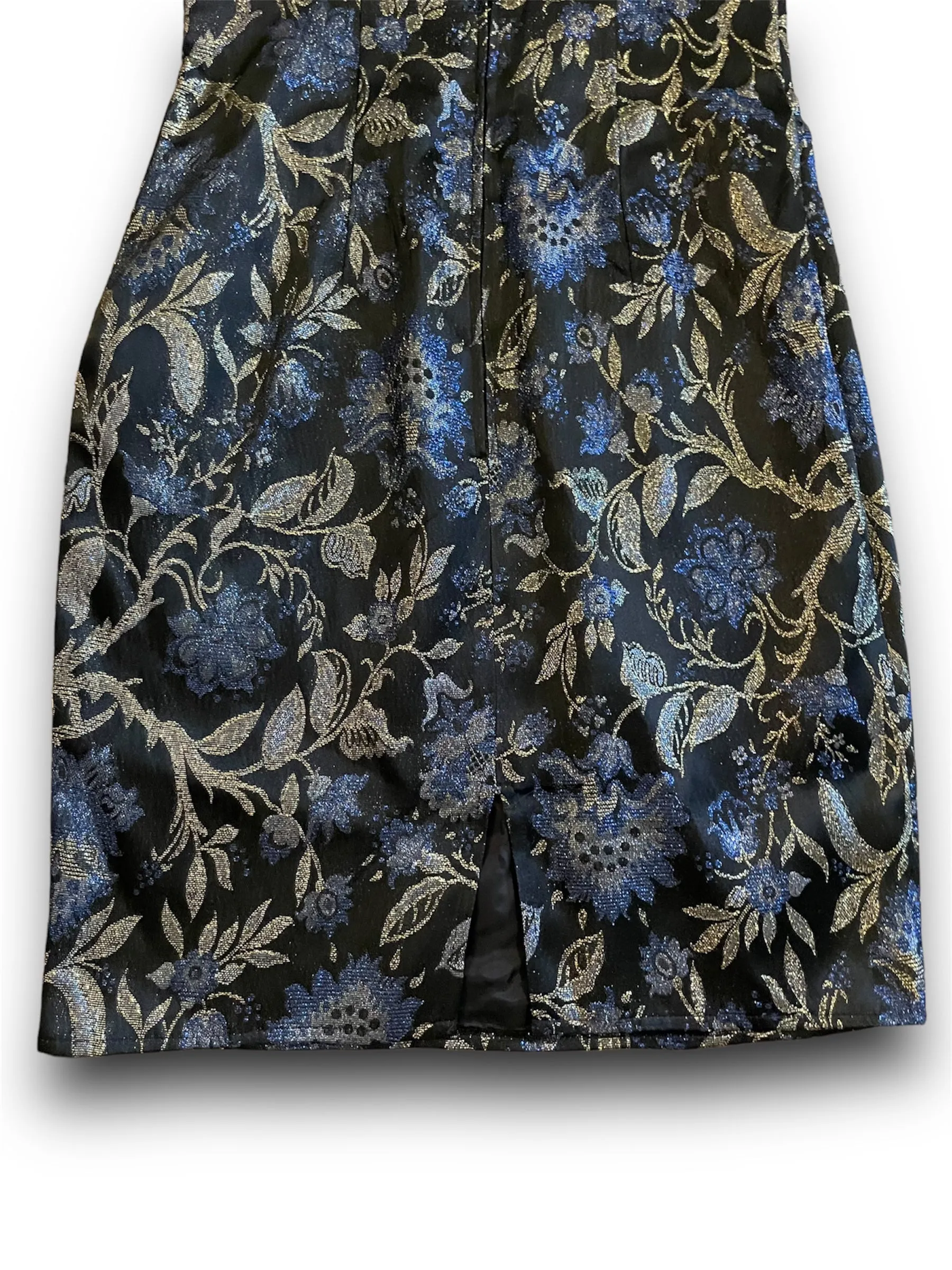 Vintage 1990’s Blue & Gold Floral Metallic Print Black Mini Dress