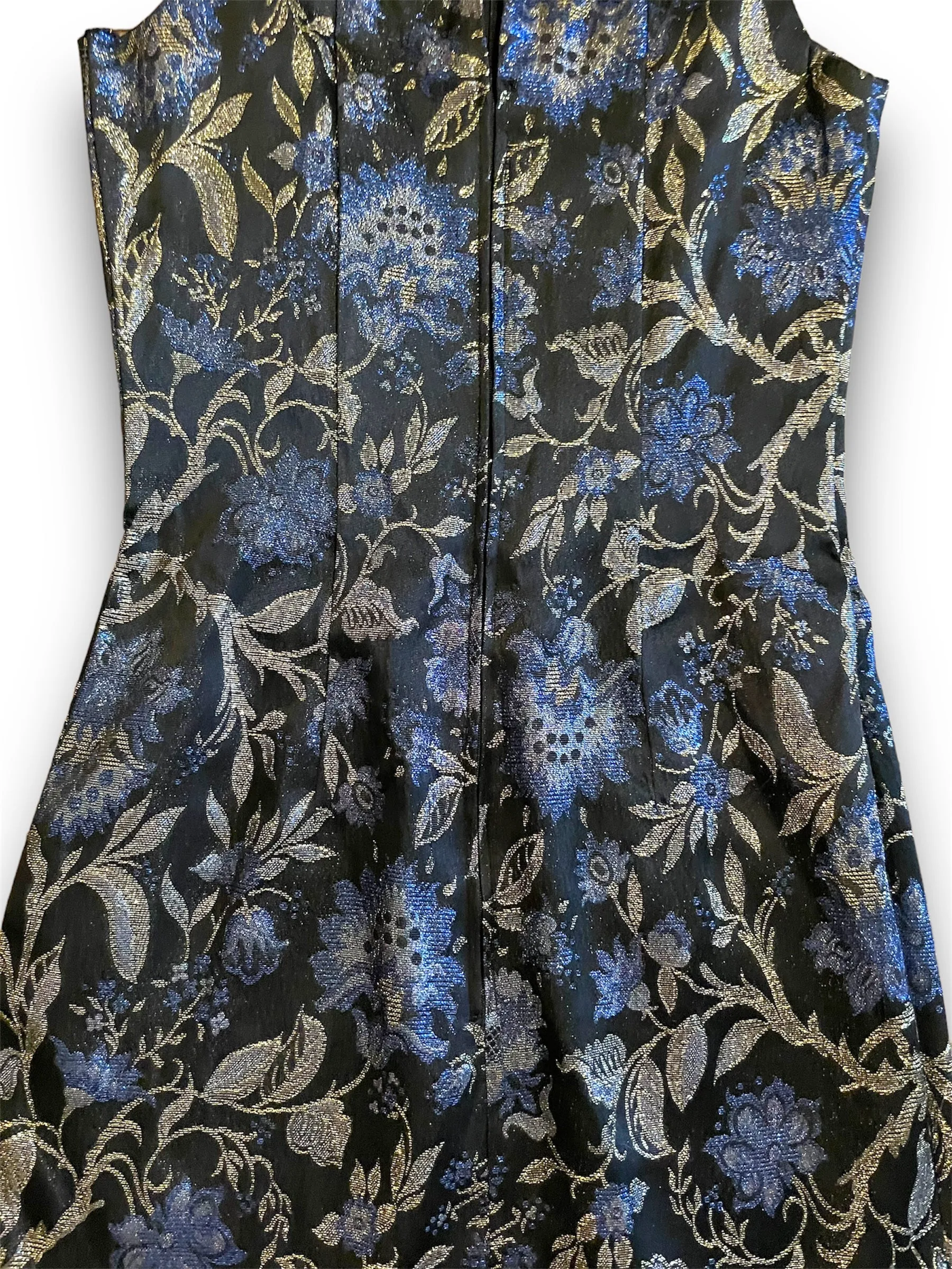 Vintage 1990’s Blue & Gold Floral Metallic Print Black Mini Dress