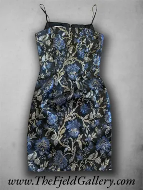 Vintage 1990’s Blue & Gold Floral Metallic Print Black Mini Dress