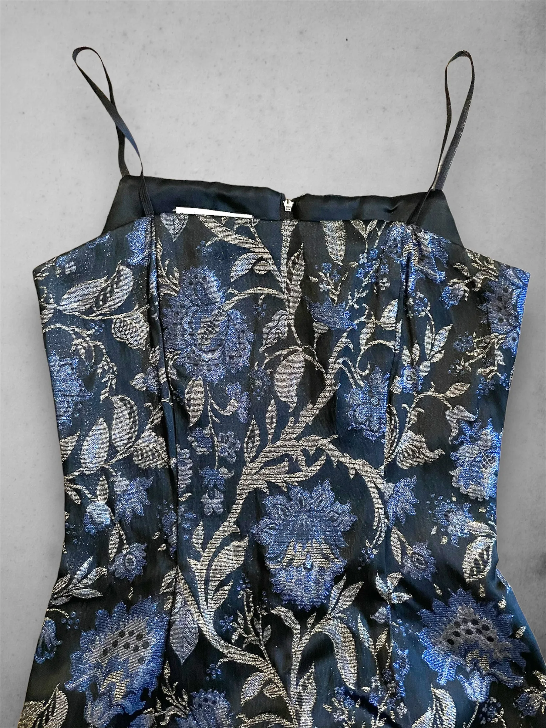 Vintage 1990’s Blue & Gold Floral Metallic Print Black Mini Dress