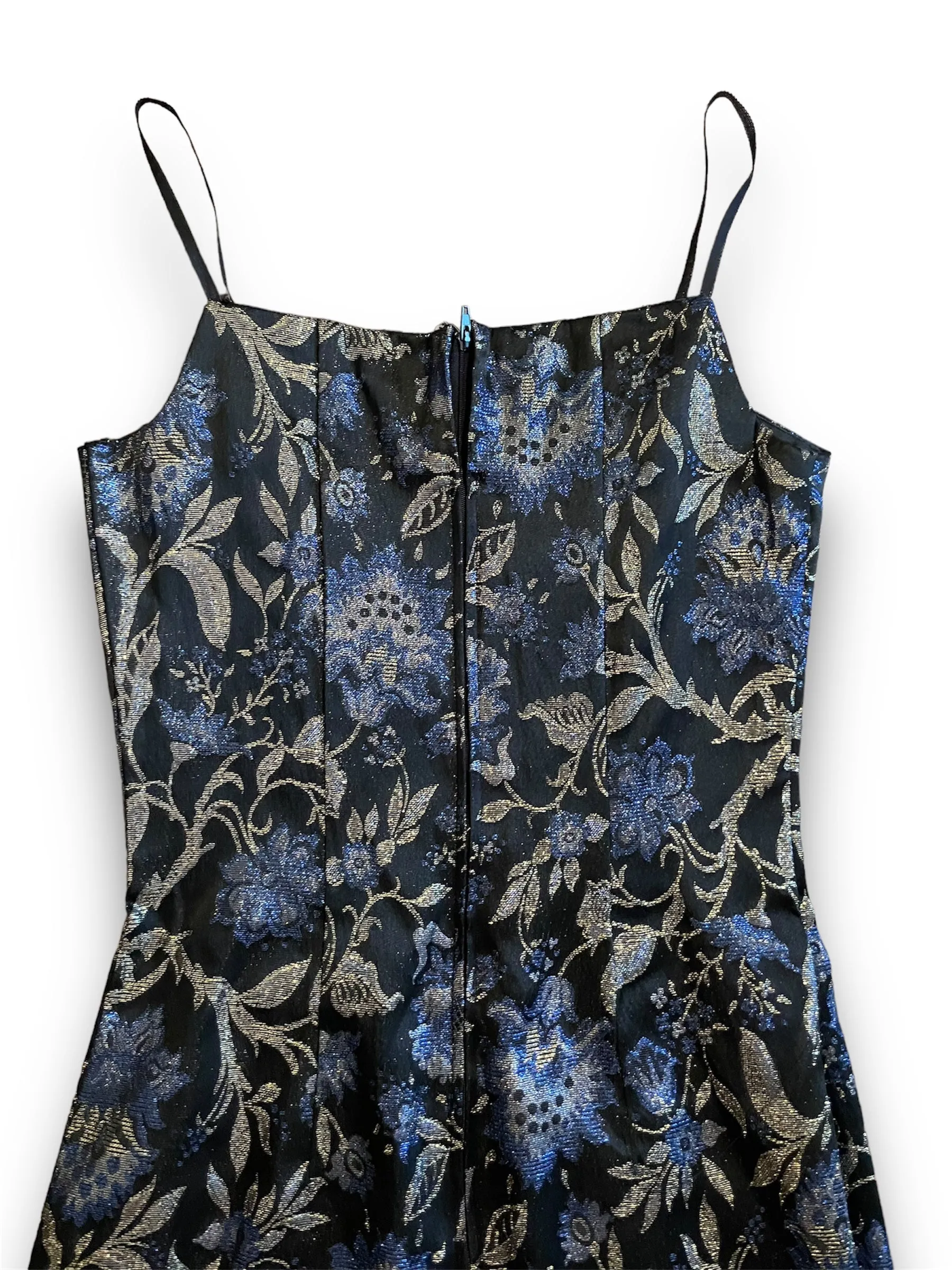 Vintage 1990’s Blue & Gold Floral Metallic Print Black Mini Dress