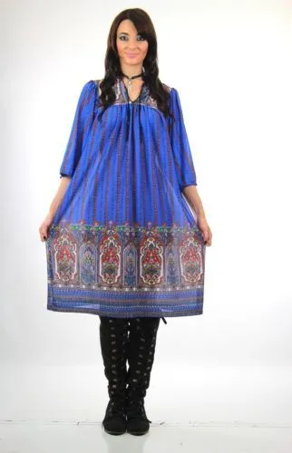 Vintage 60s 70s boho hippie blue paisley border print shift dress