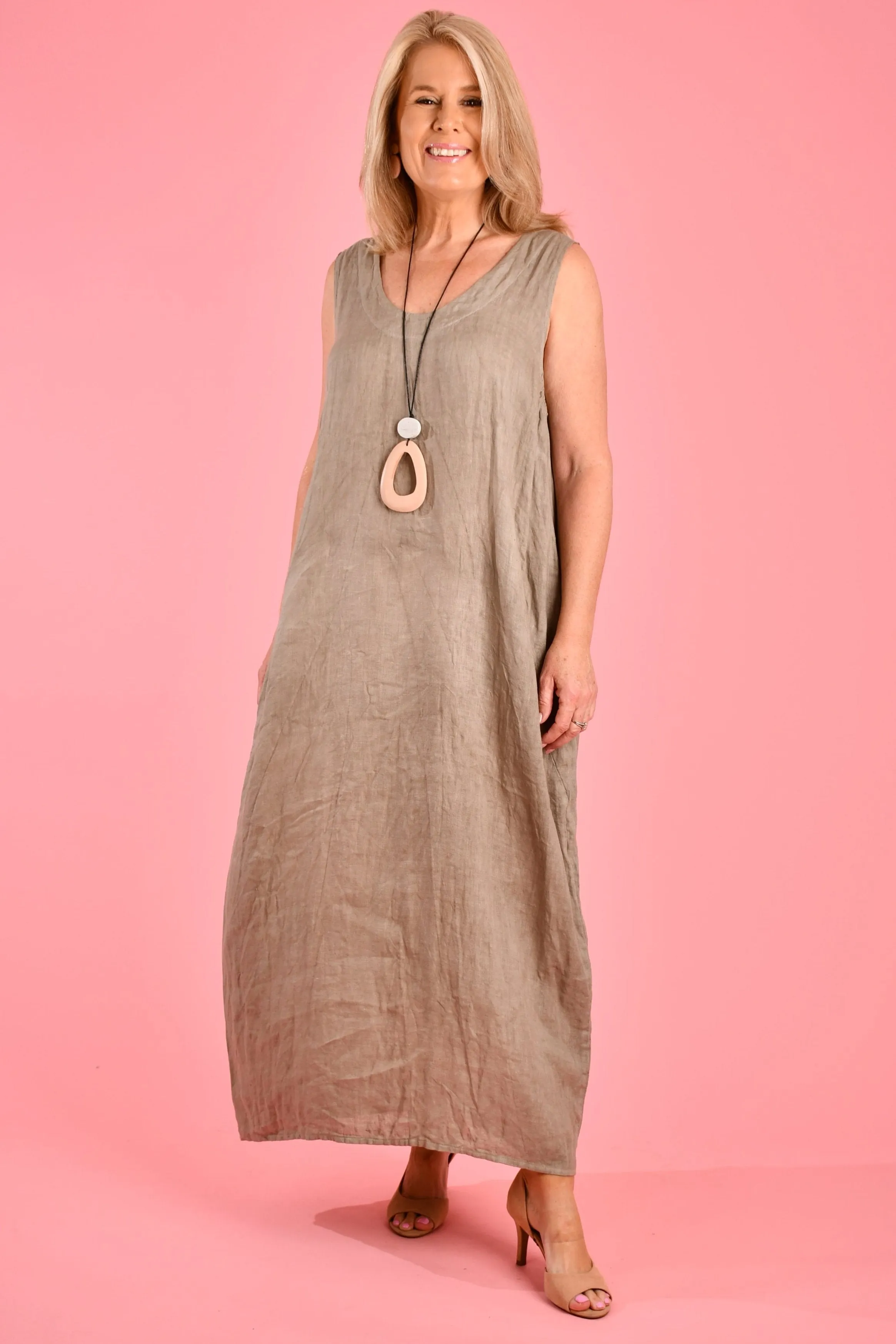VLSD077 (24A304) - ROCHELLE LINEN DRESS   - TAUPE